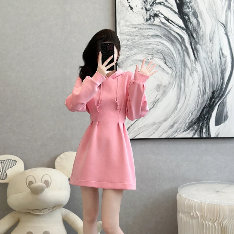 新款连帽短裙休闲风拼接春秋季连衣裙小个子长袖宽松显瘦时尚气质