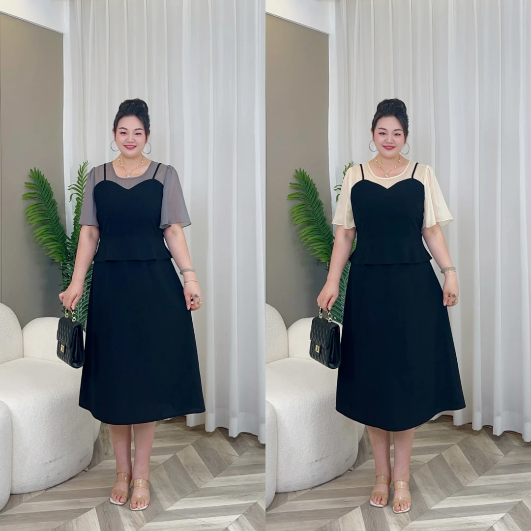 【上新梅姐】MJ9359夏季新款时尚显瘦撞色假两件设计大码连衣裙