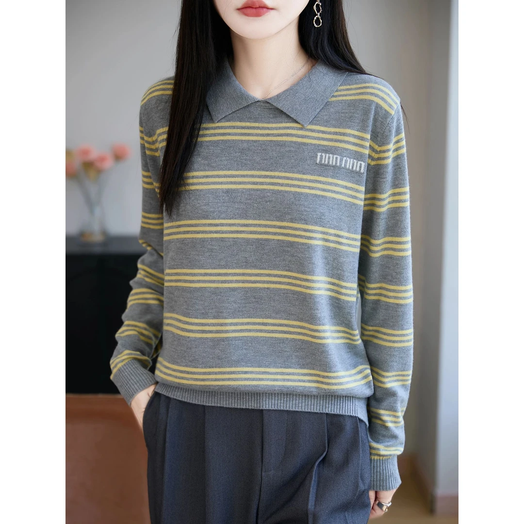 皮尔卡丹翻领条纹撞色针织毛衣女宽松洋气时尚保暖内搭毛衫长袖叠