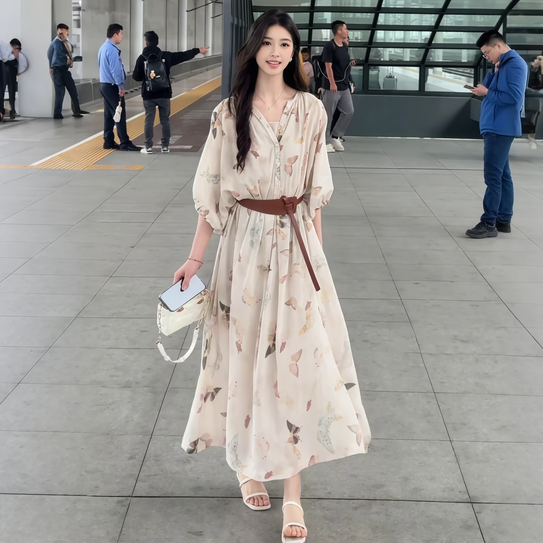 法式半袖印花连衣裙女2025夏季新款高级感复古时尚修身长裙三件套