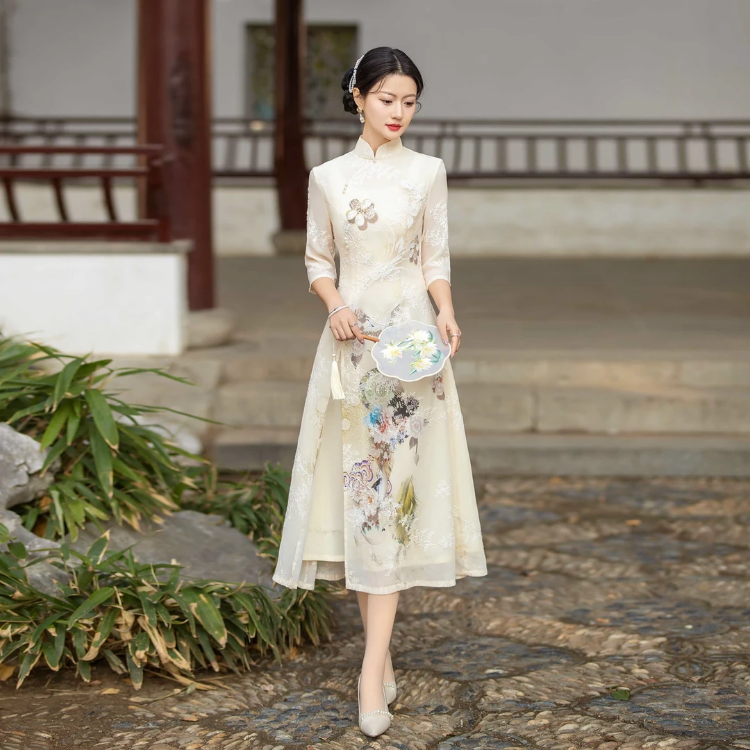 爆款仙鹤中袖长款夏季旗袍日常中式中国风修身复古时尚文艺优雅