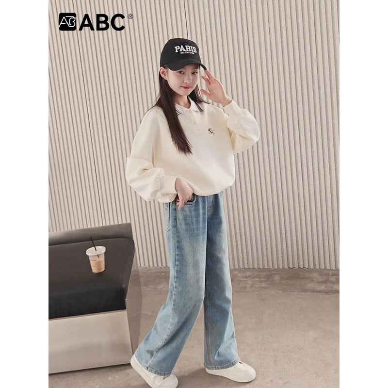ABC女童裤子阔腿牛仔裤春秋2025新款儿童装中大童春季女孩直筒长