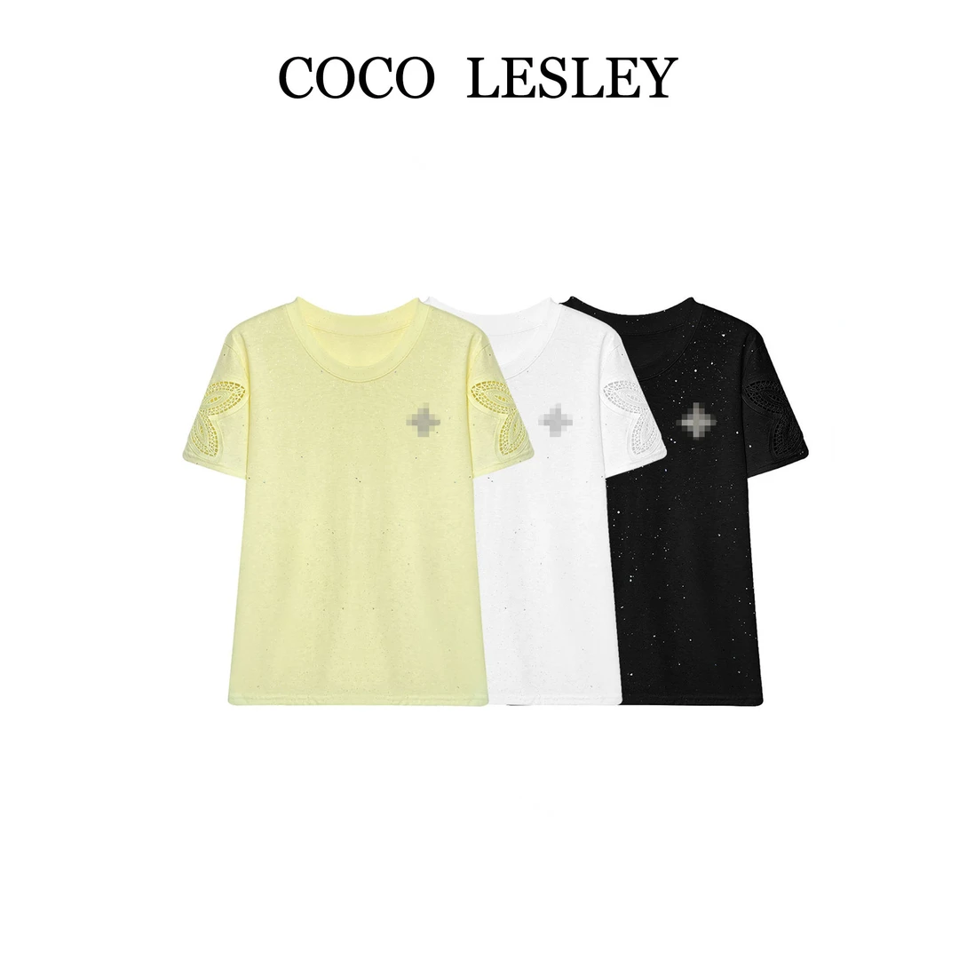 【COCO LESLEY】68006#蕾丝拼接烫钻T恤衫2025夏百搭潮流上衣