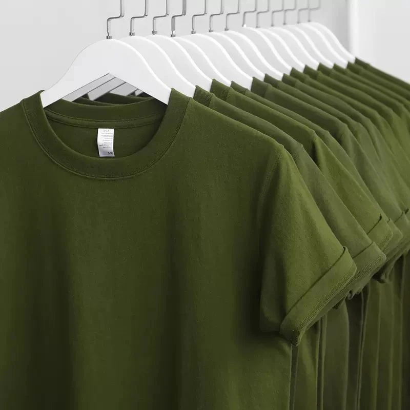 250g重磅纯棉复古美式军绿色短袖t恤宽松上衣T恤衫男女夏季汗衫