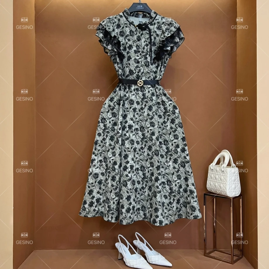 【M】春夏设计师轻奢法式气质印花女士连衣裙 CX-2024358