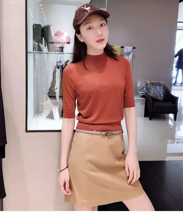 【商场同款】夏款烟管领显瘦冰丝百搭短袖针织衫T恤女5006