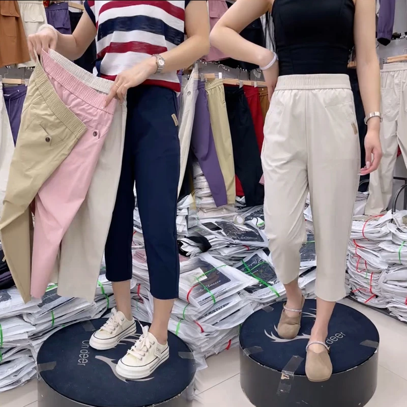 2025夏季韩版七分速干裤女弹力松紧腰显瘦休闲裤百搭透气哈伦裤潮