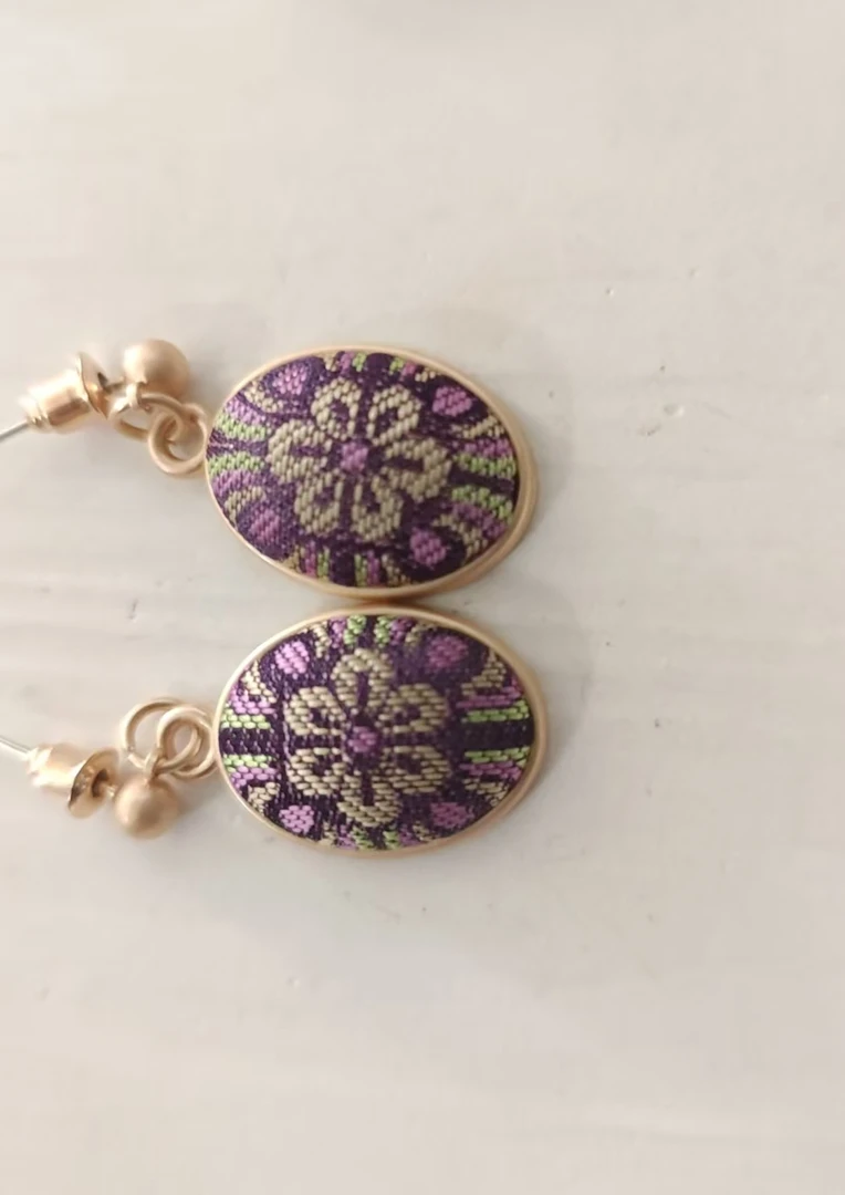 281 宋锦紫色椭圆形耳环非遗掐丝绒花旗袍新款耳饰日常百搭