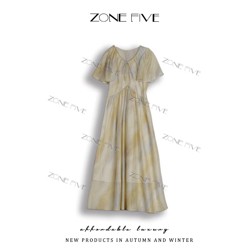 【zonefive】花影轻喃V领晕染层次感显瘦仙气 连衣裙
