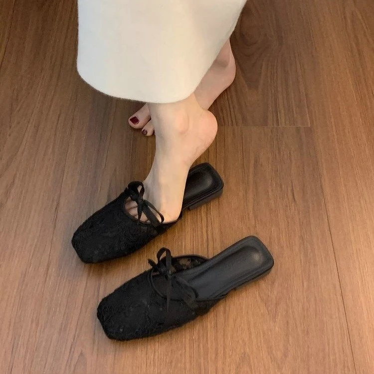 网纱包头半拖鞋女夏外穿百搭2025新款法式气质配裙子懒人低跟凉拖