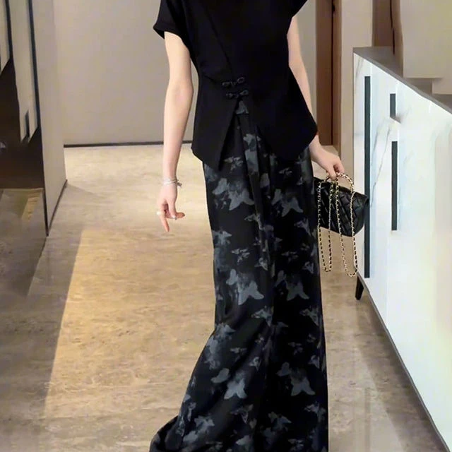 夏装搭配一整套时尚新中式盘扣设计短袖t恤女蝴蝶印花高腰阔腿裤
