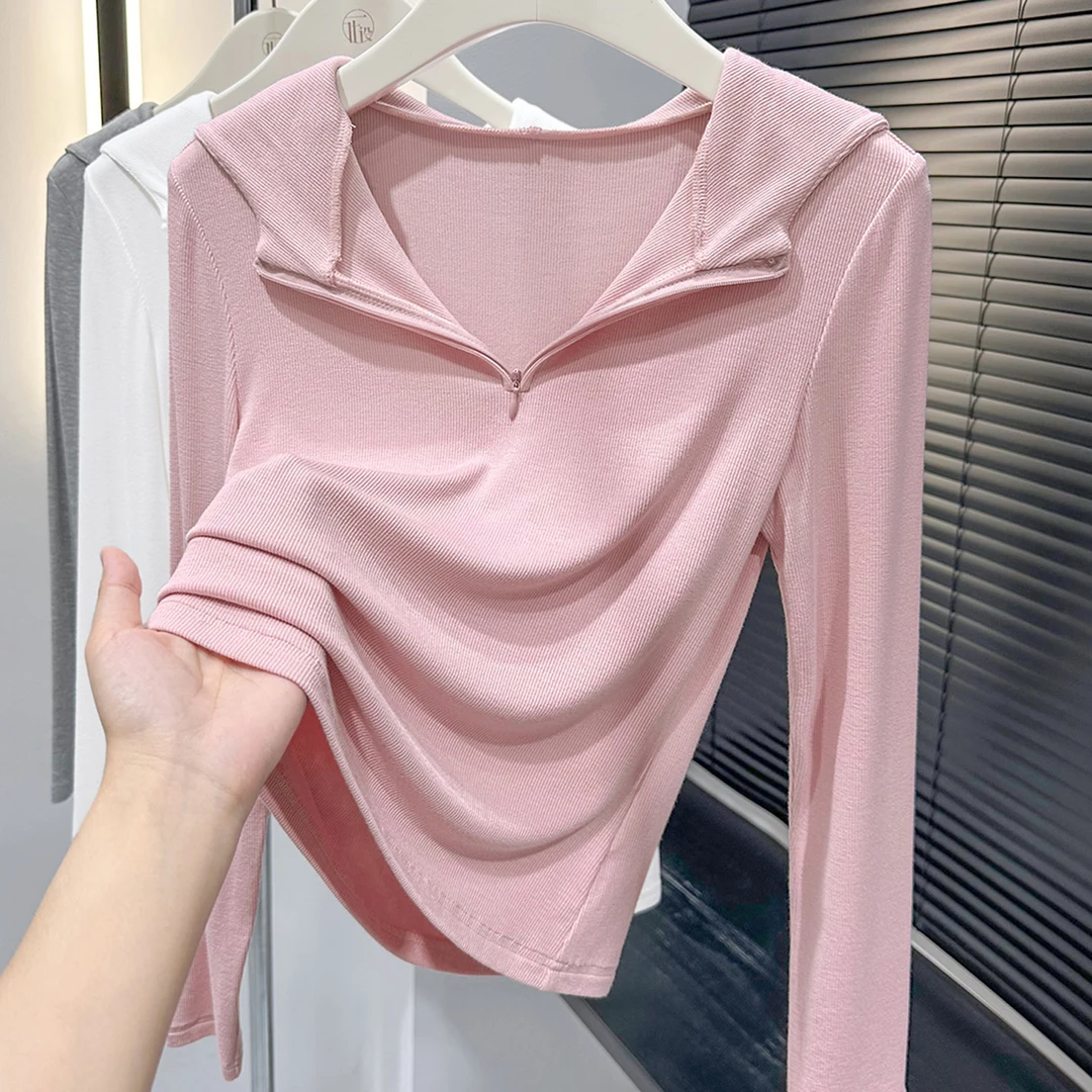 洋气拉链设计半高领连帽打底衫秋冬新款外穿粉色长袖针织衫上衣女