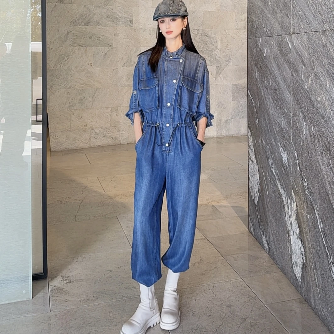 AMASS/阿玛施新款雅丹风百搭做旧减龄显瘦宽松牛仔连体裤5100495