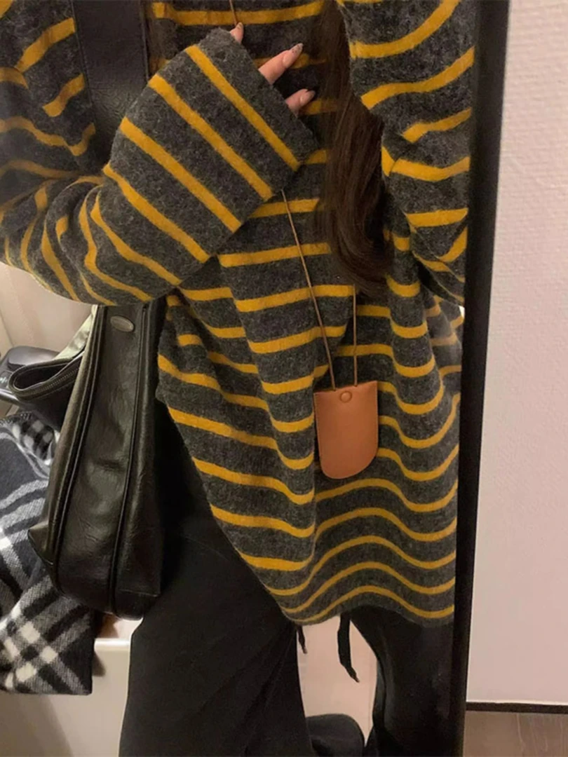 韩系氛围感条纹圆领t恤女秋冬加厚慵懒风宽松打底糯米绒软糯上衣