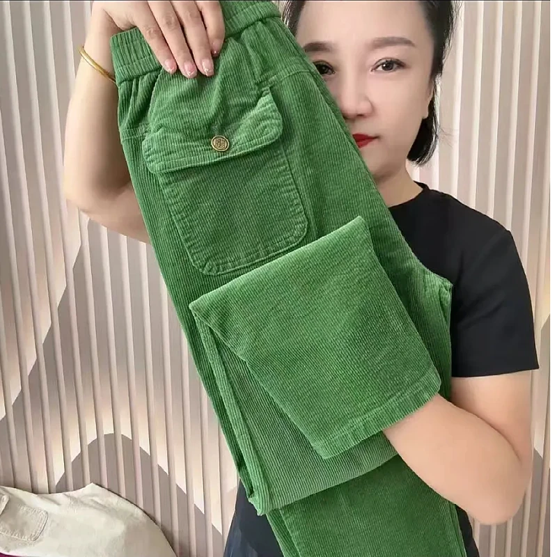 条绒灯芯绒2025秋冬新款宽松松紧腰萝卜纯色时尚洋气口袋女长裤