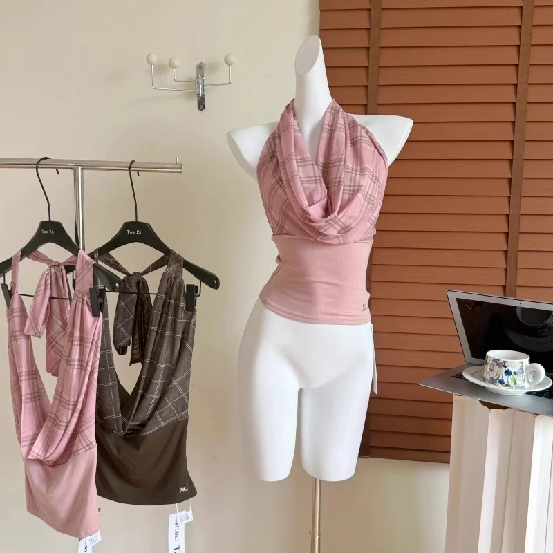 美式复古荡领挂脖吊带背心女夏季新款辣妹无袖修身上衣显瘦