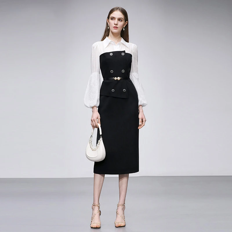 DF-秋气质通勤风衬衣领撞色拼接灯笼袖收腰修身连衣裙QC10133374