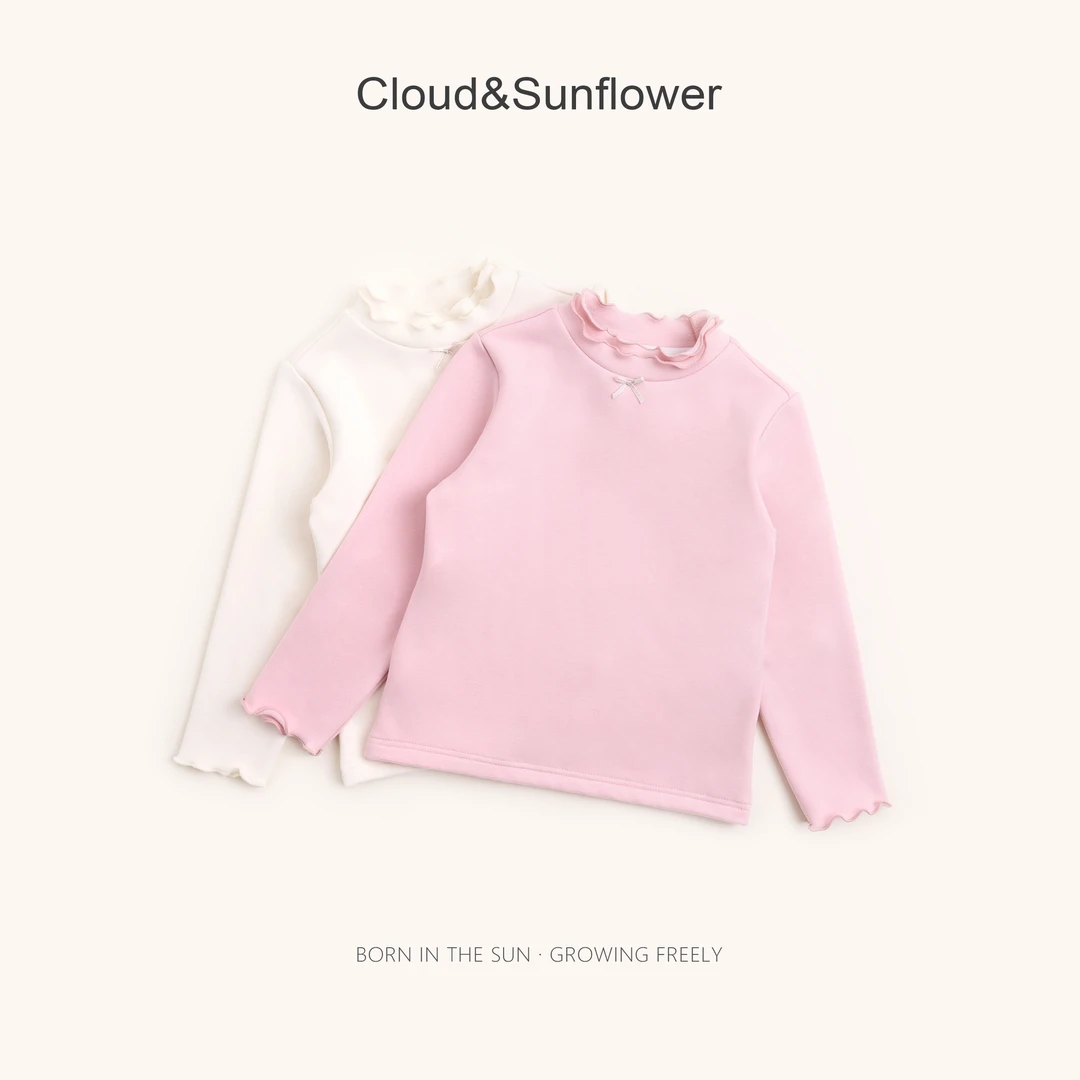 【云朵小葵】女童秋季新款纯色半高领蝴蝶结休闲打底衫991825