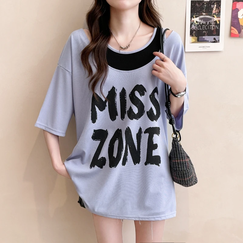 镂空拼接短袖T恤女夏季韩版时尚宽松中长款假两件撞色百搭上衣ins