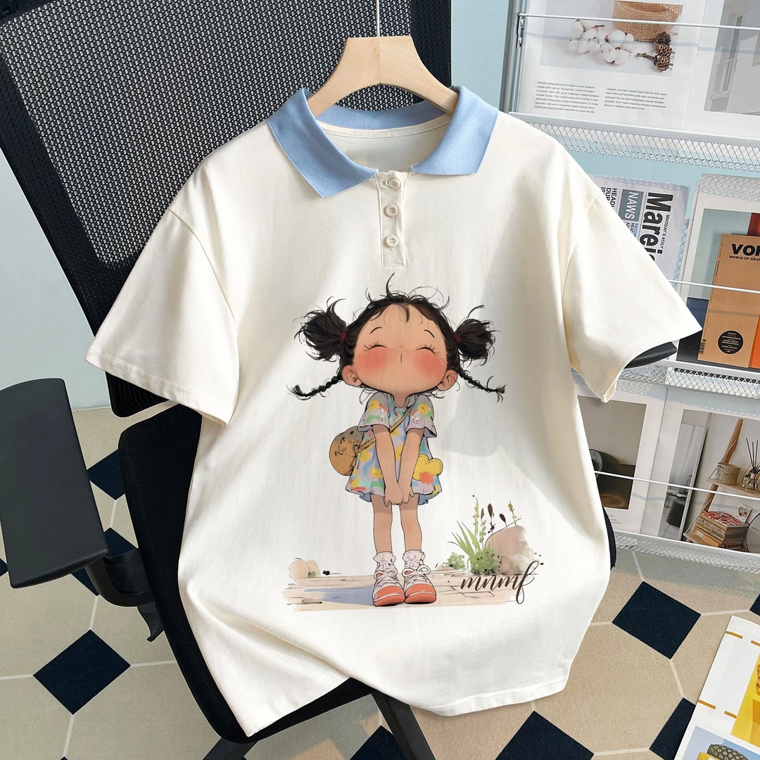夏季新款女童polo领短袖t恤双马尾可爱女孩中大童时髦潮流上衣服
