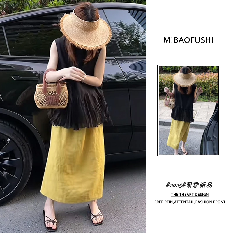 夏季穿搭一整套女装2025年新款韩系无袖褶皱衬衫高腰半身裙两件套