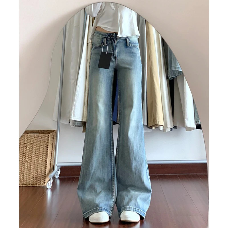 复古蓝水洗阔腿微喇牛仔裤女秋季新款美式低腰辣妹显瘦垂感直筒裤