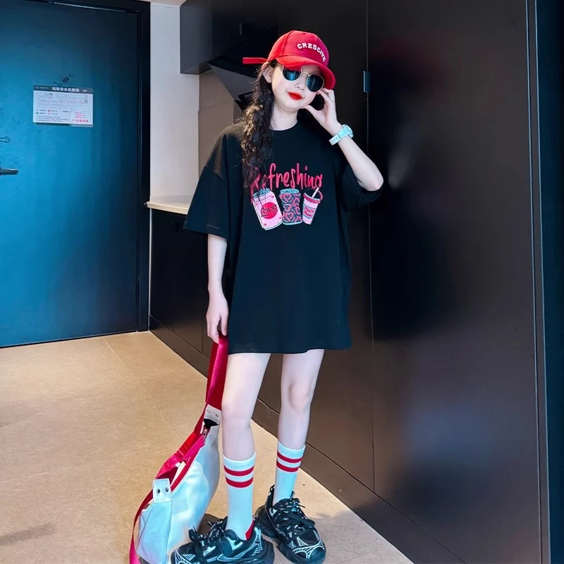 女童新款短袖纯棉中长款T恤2025夏季12岁上衣休闲连衣裙网红裙子
