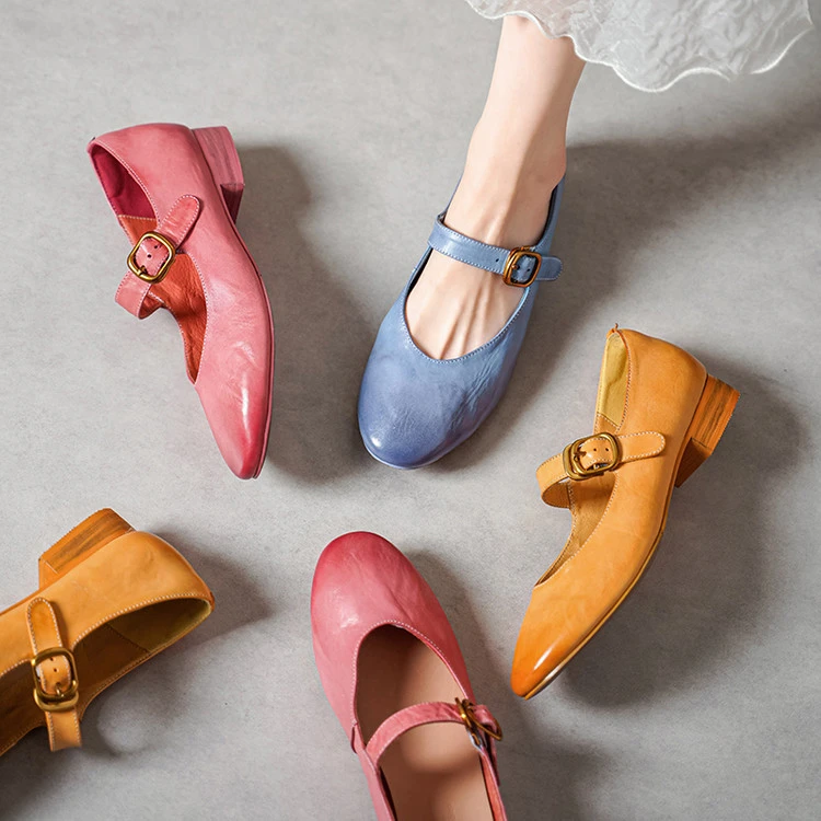 2025新款水洗马皮低跟玛丽珍一字带浅口圆头时尚百搭真皮鞋