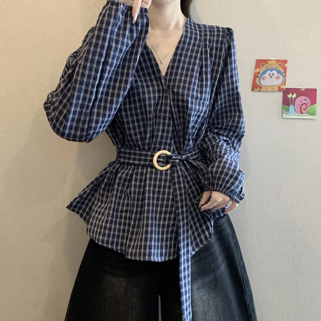 设计感正肩格子不规则绑带长袖衬衫女秋季胖mm大码设计感收腰上衣