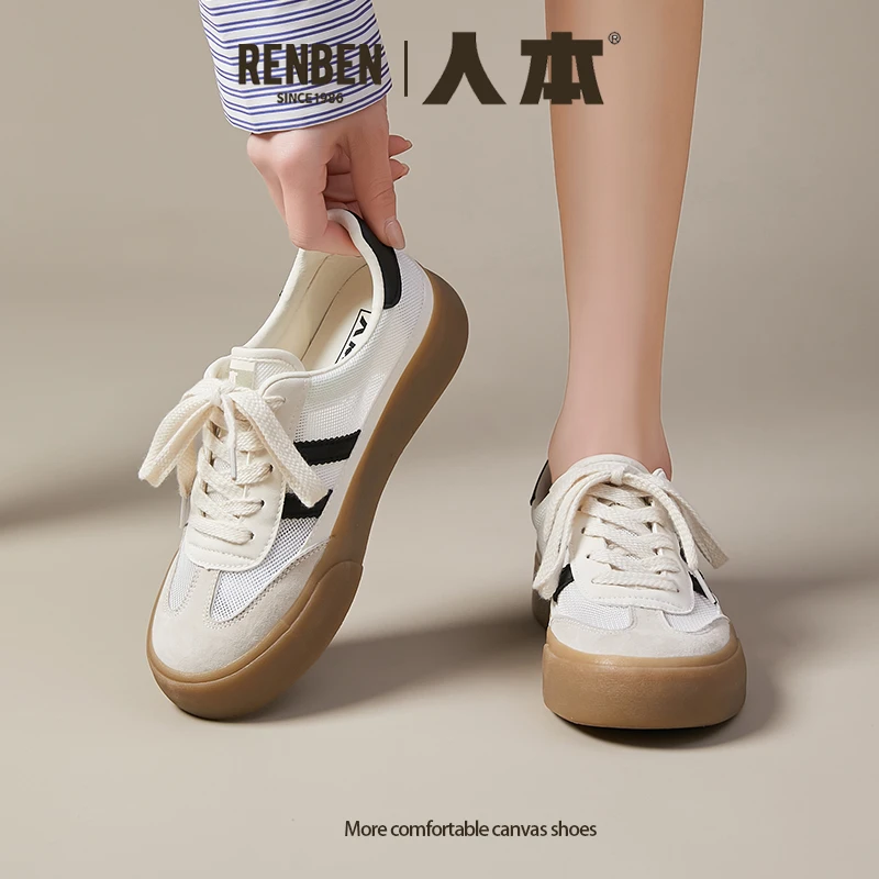 人本夏季低帮网面德训鞋2025新款学生女鞋百搭透气板鞋韩版小白鞋
