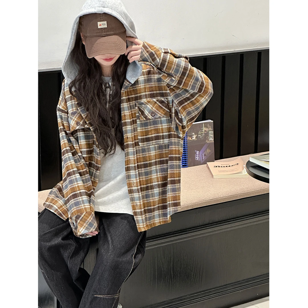 K29695孙小美韩系女童格纹外套2025秋装新款儿童连帽上衣春秋开衫