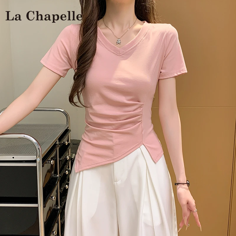 拉夏贝尔不规则v领t恤女爆款夏季2025新款法式气质显瘦百搭上衣女