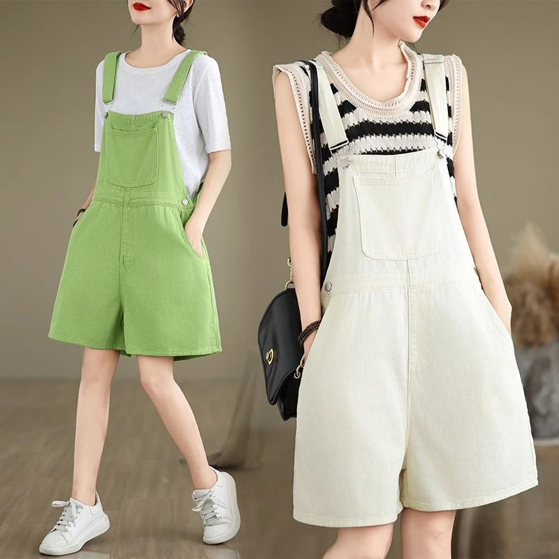 胖妹妹夏季新款糖果色宽松型纯色背带牛仔短裤