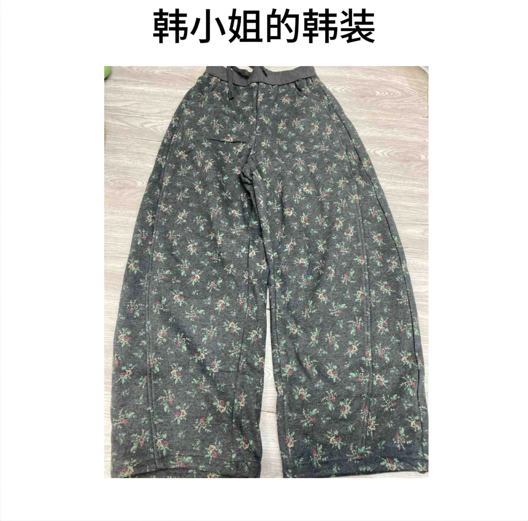 韩小姐韩国东大门加绒松紧腰小花弯刀卫裤09115