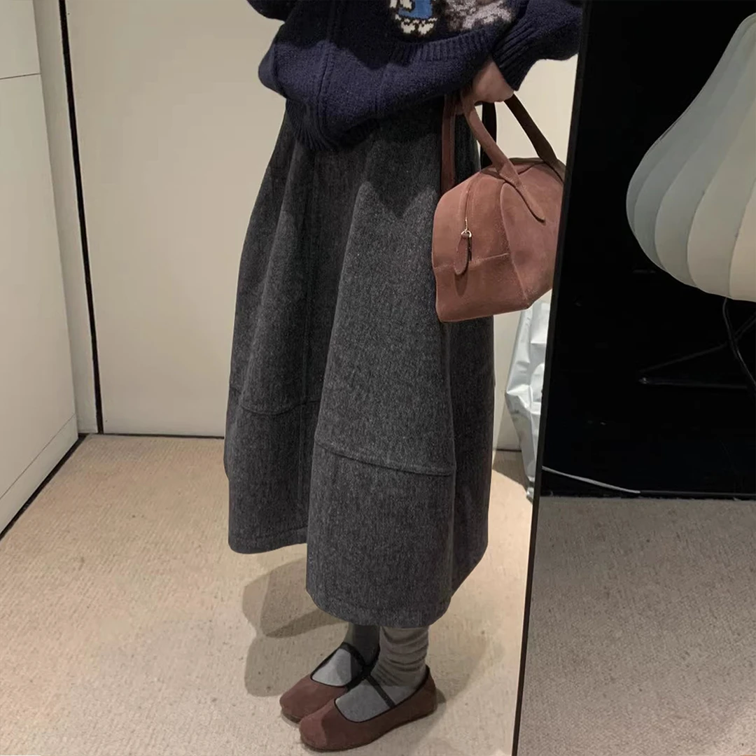 深灰色毛呢半身裙女秋冬新款复古a字伞裙中长款蓬蓬泡泡花苞裙子