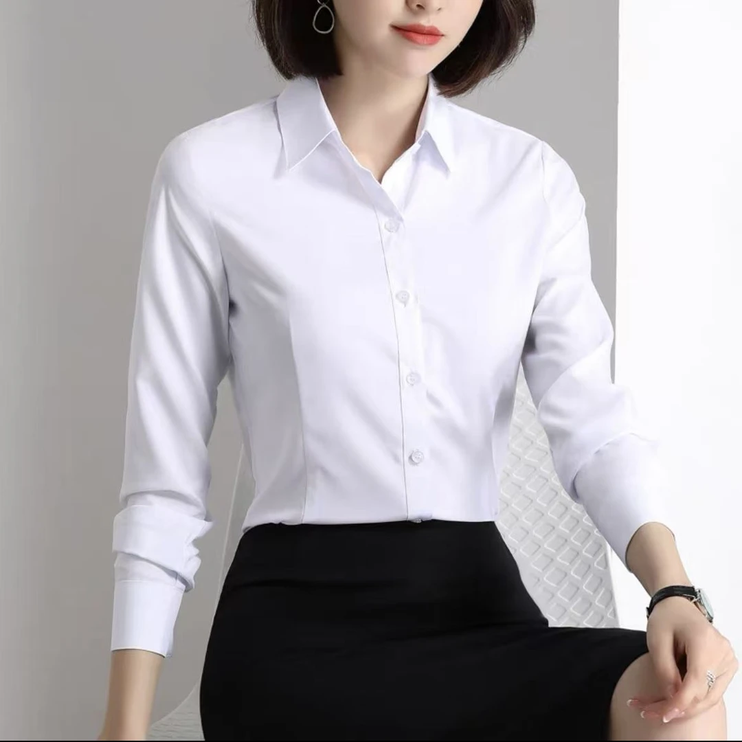 蓝色3011长袖简约通勤女士免烫衬衫纯色常规款