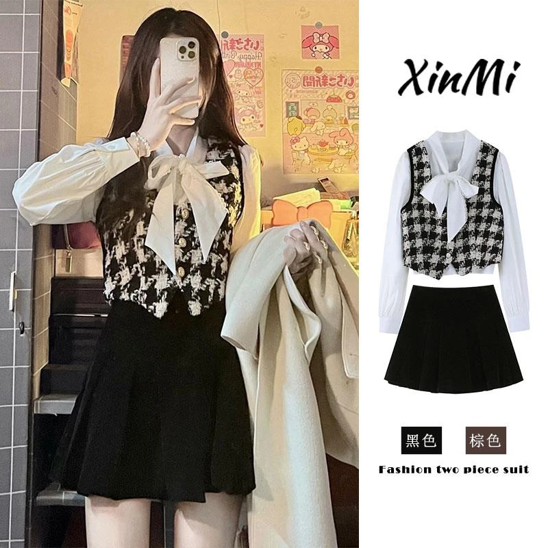 秋装搭配一整套过年女装连衣裙子2025韩剧马甲衬衫穿搭三件套装女