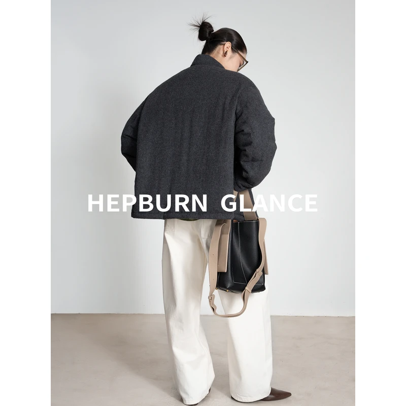 HG/轻奢老钱风_羊毛面料90白鹅绒羽绒服女小立领单排扣保暖外套