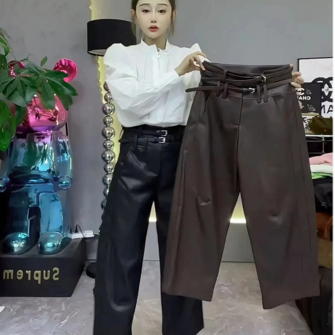 欧货双腰带皮尤阔腿裤女冬新高腰弹力休闲加绒弯刀蛋白皮裤哈伦裤