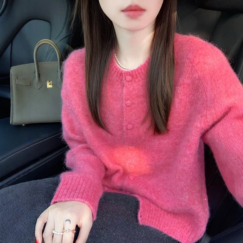 巨好看的玫红色马海毛开衫毛衣女秋冬季软糯奶呼呼外穿针织衫上衣