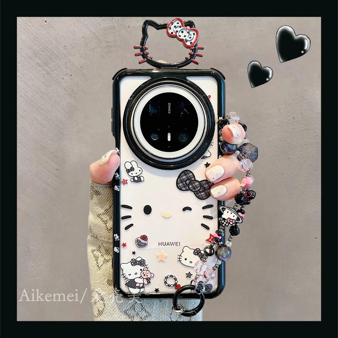 适用华为mate70pro+手机壳透明黑边框Mate60pro+大脸kt猫表情链条