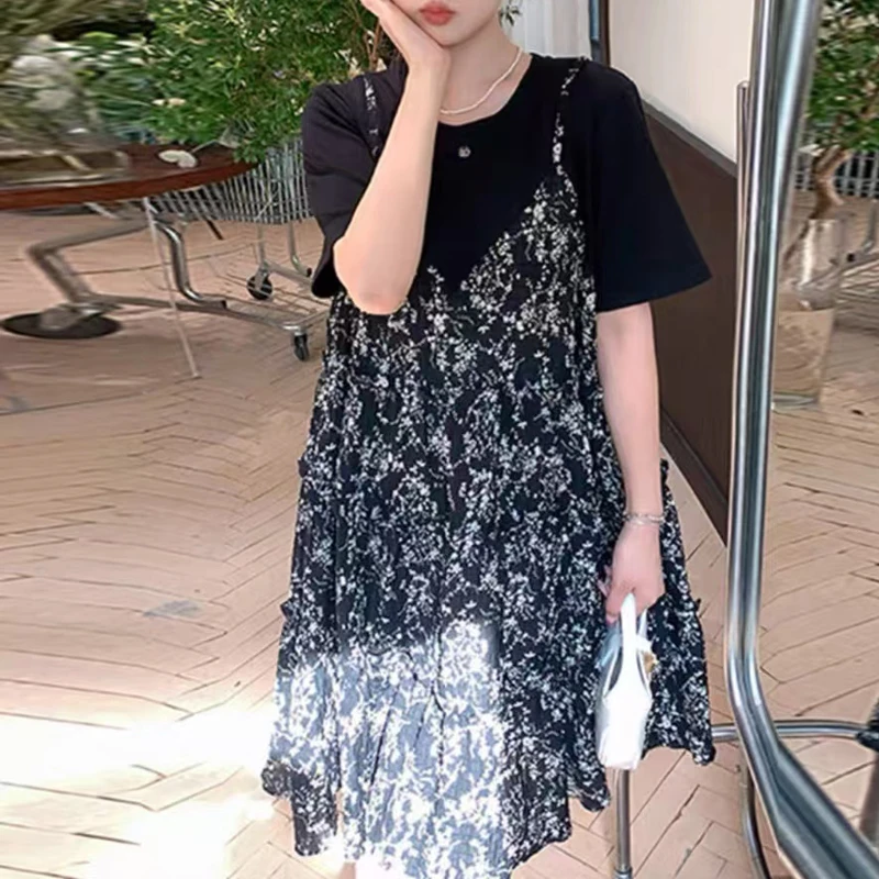 套装 法式茶歇碎花连衣裙+短袖套装女新款藏肉显瘦两件套装 5220