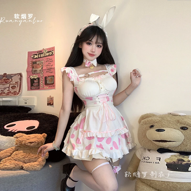 喵美人甜心粉色奶牛可爱日系黑色奶牛内衣性感