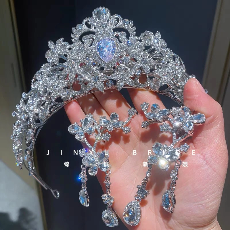 锦钰新娘原创新品锆石双层重工皇冠耳挂套装结婚纱礼服生日公主冠