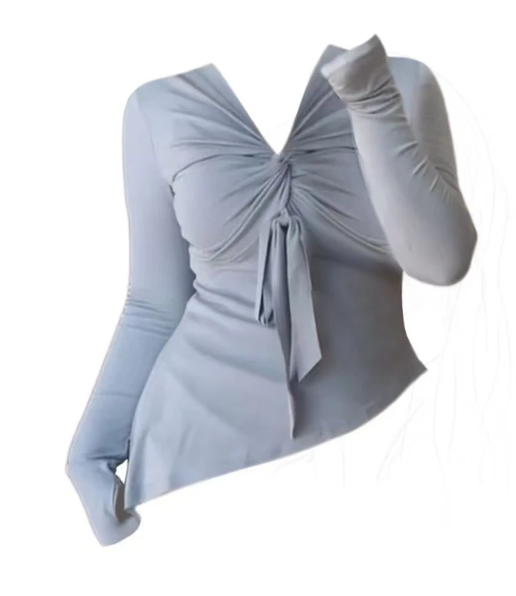 大码女装纯欲风V领正肩长袖T恤春季新款打底衫胖MM设计感上衣