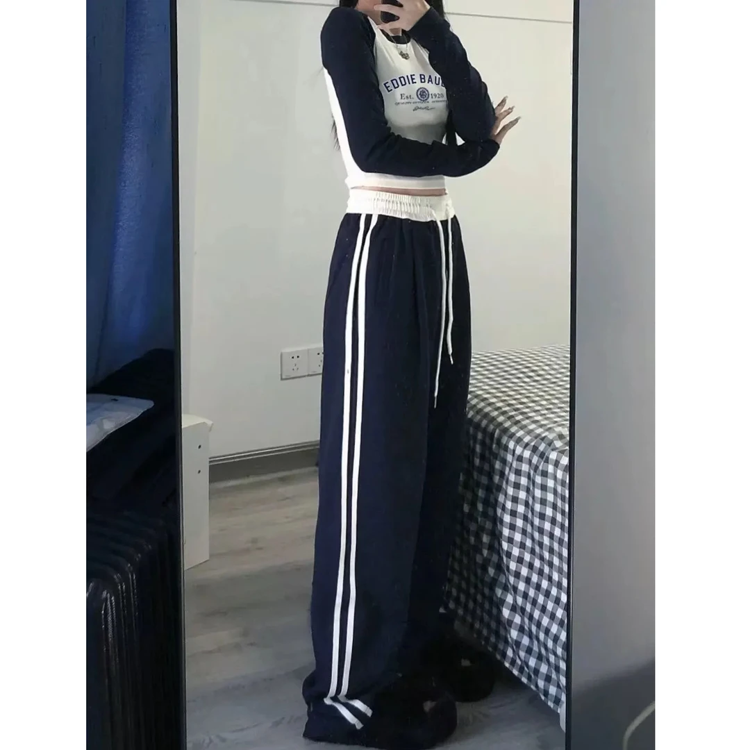 早春运动裤女新款高腰垂感宽松直筒休闲卫裤条纹拼接阔腿裤
