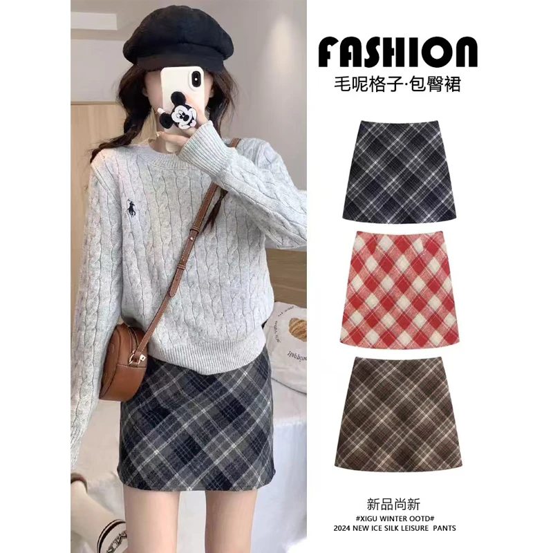 2025春装百搭格子短裙胖MM高腰显瘦半身裙A字毛呢裙女8077