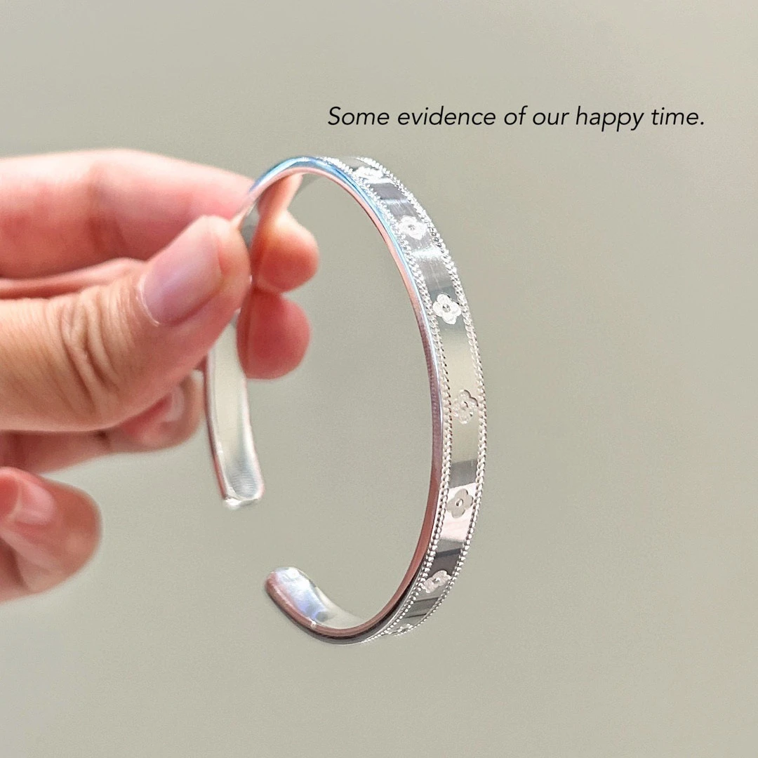 足银手镯 A72万花筒幸运四叶开口镯子实心时尚年轻款百搭手环