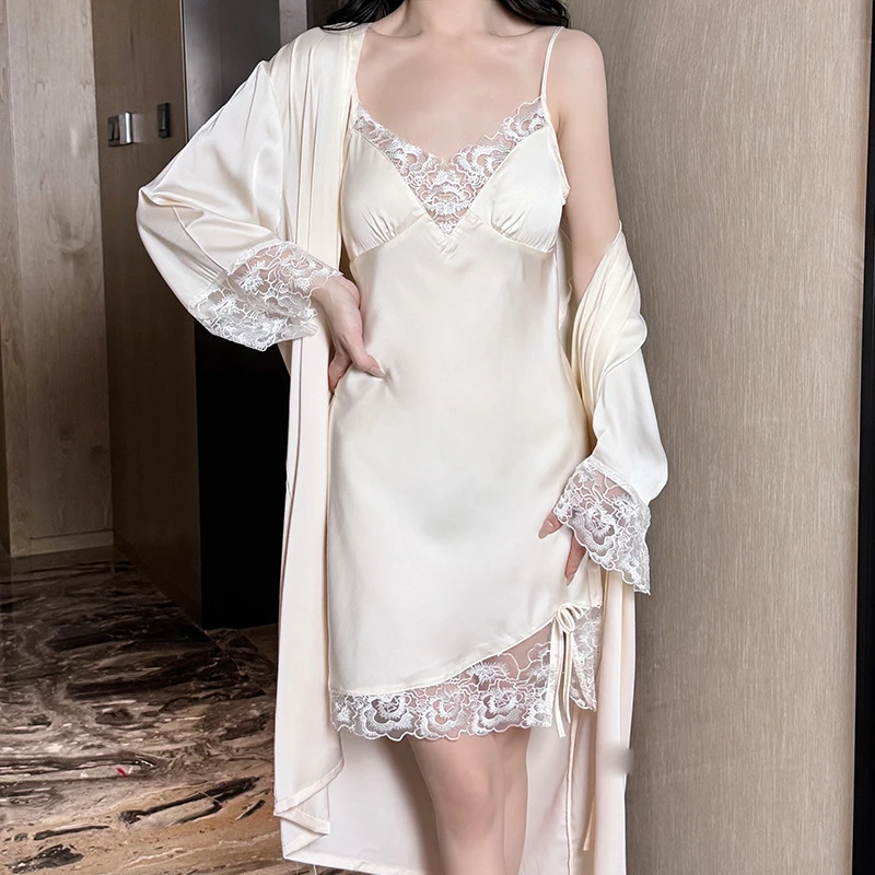 新款禁欲系睡衣女春夏秋性感冰丝纯欲镂空蕾丝带胸垫吊带女士睡裙