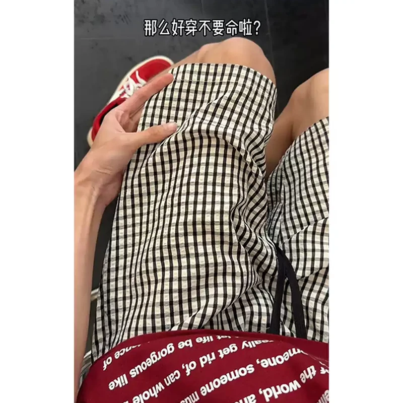 cleanfit腰头拼接格子短裤男款慵懒风垂感五分裤美式潮牌运动中裤